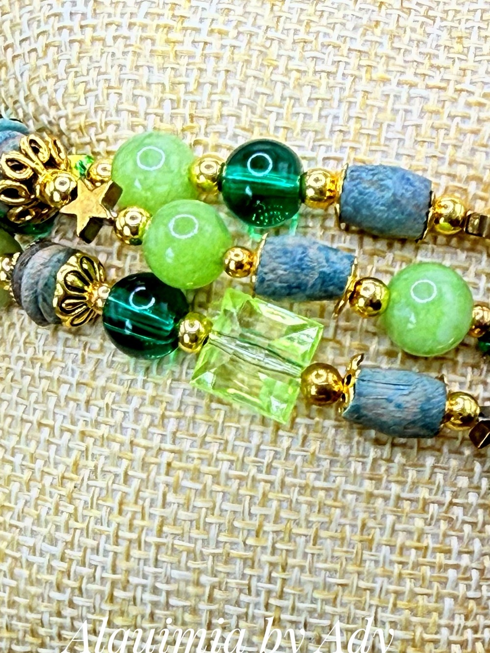 PERIDOT Lime Green, Emerald & Gold Beaded Bracelet Set